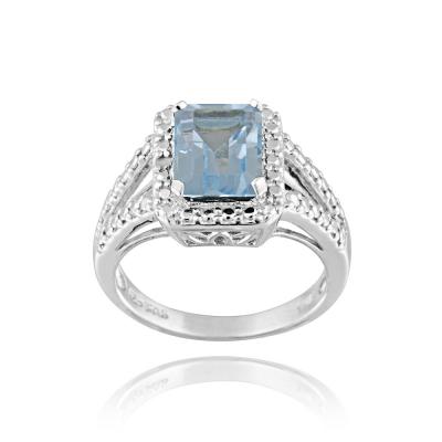 Sterling Silver 3.4ct Emerald-Cut Blue Topaz & Diamond Accent Ring Size 6