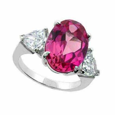 Sterling Silver Created Pink Sapphire Oval & CZ Triangles Ring Size 6