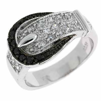 Sterling Silver Black and Simulated Diamond CZ Belt Buckle Ring