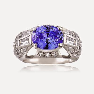 Sterling Silver Simulated Tanzanite CZ and Simulated Diamond CZ baguette and Pave Filigree Ring