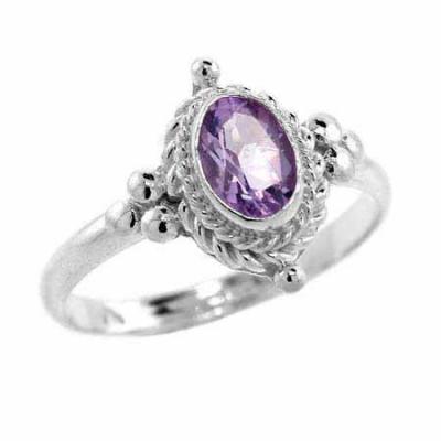 Sterling Silver Amethyst Twisted Bali Bead Oval Ring Size 7