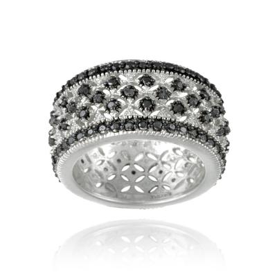 Rhodium Plated 1/4ct Black Diamond Filigree Band Ring Size 8