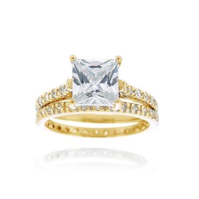 18K Gold over Sterling Silver Square CZ Bridal Engagement Ring & Wedding Band Set Size 10