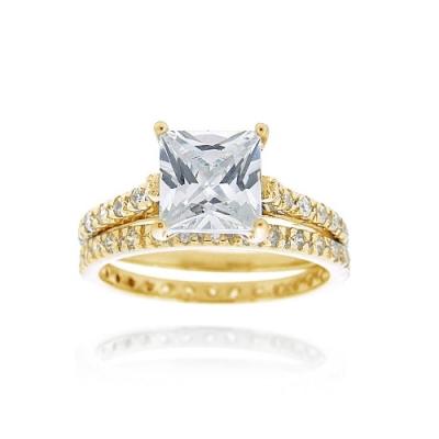18K Gold over Sterling Silver Square CZ Bridal Engagement Ring & Wedding Band Set Size 5