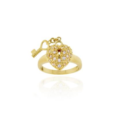 18K Gold over Sterling Silver Designer Inspired CZ Heart & Key Ring