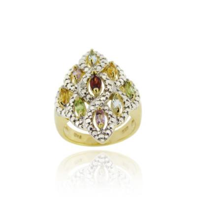 18K Gold over Sterling Silver Multi Gemstone & Diamond Accent Diamond Shaped Ring