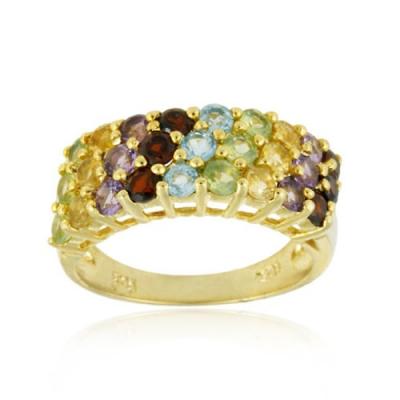 18K gold over Sterling Silver 3 Row Multi Gemstone Wedding Band Ring
