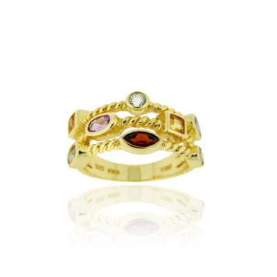 18K Gold over Sterling Silver Multi Shaped 3-Row Gemstone Ring Size 6