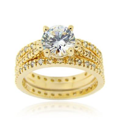 18K Gold over Sterling Silver Round CZ Wedding Engagement Ring Set