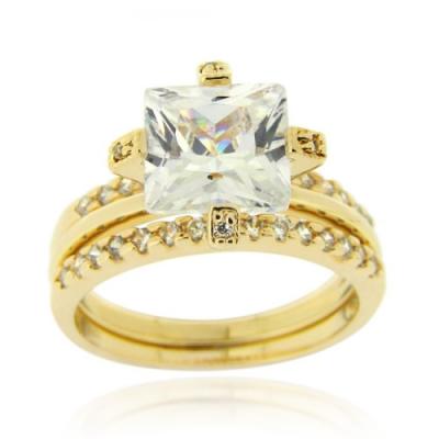 18K Gold over Sterling Silver Square CZ Wedding Engagement Stackable Ring Set