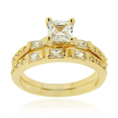 18K Gold over Sterling Silver Square CZ Wedding Engagement Stackable 2-Ring Set