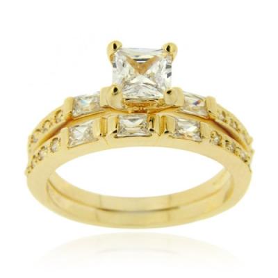 18K Gold over Sterling Silver Square CZ Wedding Engagement Stackable 2-Ring Set