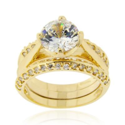18K Gold over Sterling Silver Round CZ Wedding Engagement Stackable 3-Ring Set