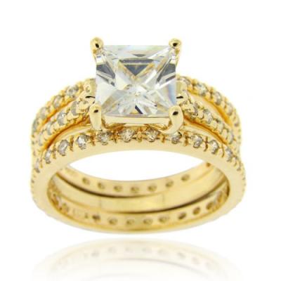 18K Gold over Sterling Silver Square CZ Wedding Engagement Ring Set