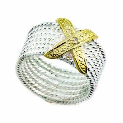 Sterling Silver & Gold Overlay Two Tone CZ and  X Twist Band Ring