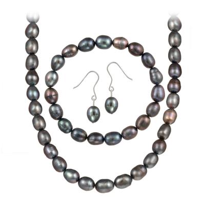 Sterling Silver Freshwater Cultured Peacock Pearl Necklace, Bracelet Earring Jewelry Set