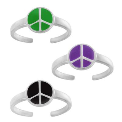 Sterling Silver Multi Color Enamel Peace Sign Toe Ring 3-Set