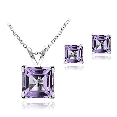 Sterling Silver 2.75ct TGW Amethyst Square Solitaire Pendant & Stud Earrings Set, 18'