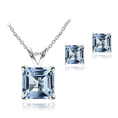 Sterling Silver 3.65ct TGW Blue Topaz Square Solitaire Pendant & Stud Earrings Set, 18'