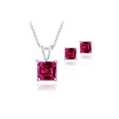 Sterling Silver 3.6ct Created Ruby Square Solitaire Pendant & Stud Earring Set