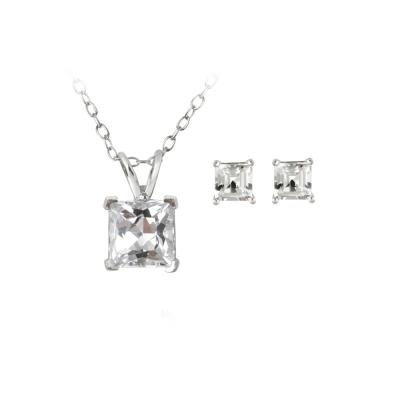 Sterling Silver 3.65ct White Topaz Square Solitaire Pendant & Stud Earrings Set