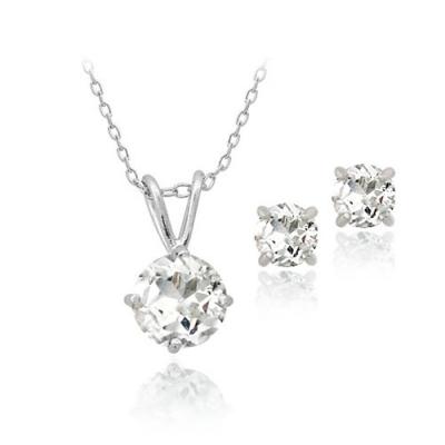 Sterling Silver 2.75ct White Topaz Round Solitaire Pendant & Stud Earrings Set