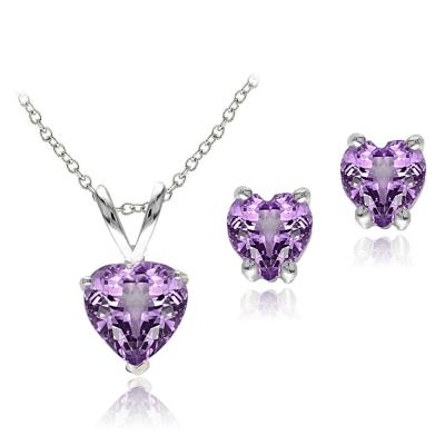 Sterling Silver 1.9ct TGW Amethyst Heart Solitaire Pendant & Stud Earrings Set, 18'
