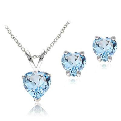Sterling Silver 2.4ct TGW Blue Topaz Heart Solitaire Pendant & Stud Earrings Set, 18'