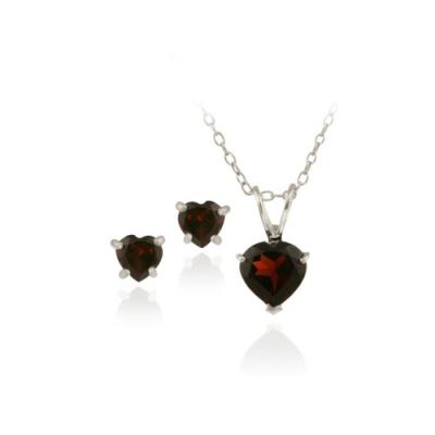 Sterling Silver 2.7ct TGW Garnet Heart Solitaire Pendant & Stud Earrings Set, 18'