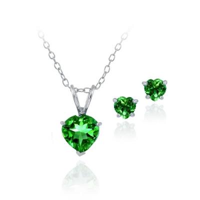 Sterling Silver 2.4ct Created Green Quartz Heart Solitaire Pendant & Stud Earrings Set