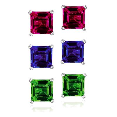 Sterling Silver 3ct Created Gems Square Stud Earrings, Set of 3