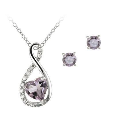 Sterling Silver Amethyst & Diamond Accent Swirl Heart Necklace and Earrings Set