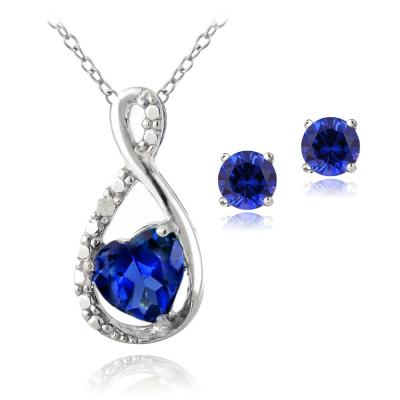 Sterling Silver Created Sapphire & Diamond Accent Infinity Heart Pendant and Stud Earrings Set