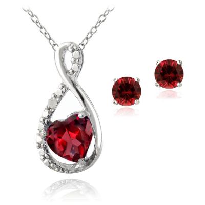 Sterling Silver Created Ruby & Diamond Accent Infinity Heart Pendant and Stud Earrings Set