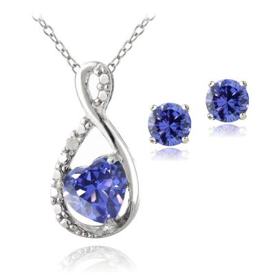 Sterling Silver Violet CZ & Diamond Accent Infinity Heart Pendant and Stud Earrings Set