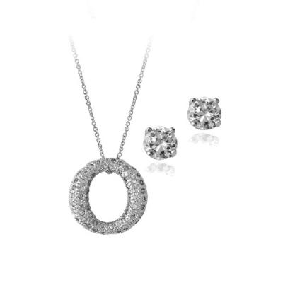 Sterling Silver CZ Open Circle Pendant & Stud Earrings Set