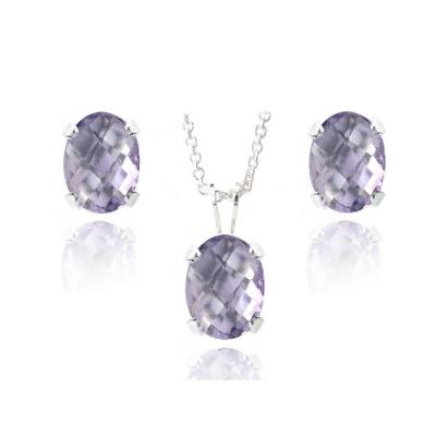 Sterling Silver  3.15ct Amethyst Oval Solitaire Necklace & Stud Earrings Set
