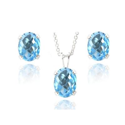 Sterling Silver  4.5ct Swiss Blue Topaz Oval Solitaire Necklace & Stud Earrings Set