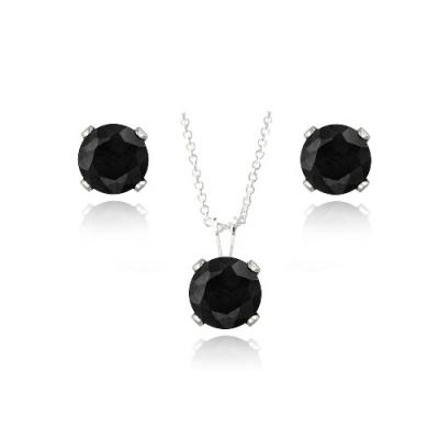 Sterling Silver 3ct Black Spinel Solitaire Pendant & Earrings Set