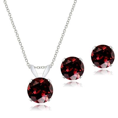 Sterling Silver 3ct Garnet Solitaire Pendant & Earrings Set