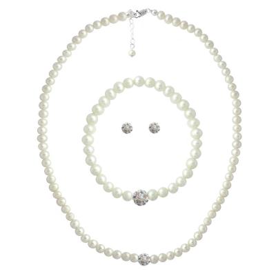 Sterling Silver Freshwater Cultured White Pearl & Crystal Fireball Necklace, Bracelet & Earrings Set