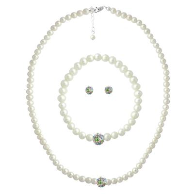 925Silver Freshwater Cultured White Pearl & Multi Crystal Fireball Necklace, Bracelet & Earrings Set