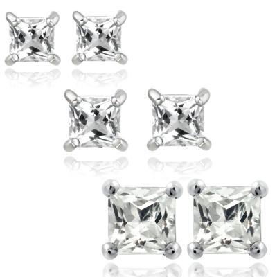Sterling Silver 3ct White Topaz 3, 4 & 5mm Square Stud Earrings Set of 3