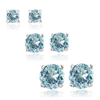 Sterling Silver 2ct Blue Topaz 3, 4 & 5mm Round Stud Earrings Set of 3