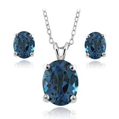 Sterling Silver 4.2ct London Blue Topaz Oval Solitaire Necklace & Earrings Set