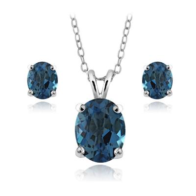 Sterling Silver 4.5ct London Blue Topaz Oval Solitaire Necklace & Earrings Set