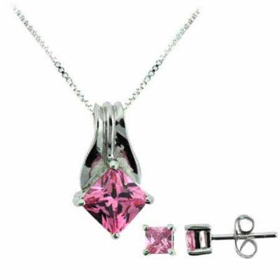 Sterling Silver Pink cz Pendant and Stud Earrings Set