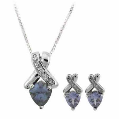 Sterling Silver Simulated Diamond cz and Simulated Tanzanite  cz Pendant and Earring Jewelry Set