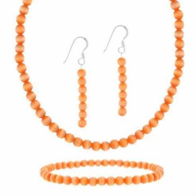 Sterling Silver Orange Cats Eye Bead Dangle Earrings, Stretch Bracelet, & Necklace 15-19' Set