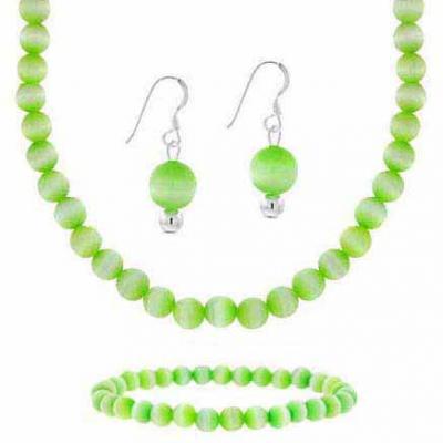 Sterling Silver 6mm Simulated Light Green Cats Eye Stone Bead Beaded Dangle Hook Earrings Stretch Bracelet Necklace 15-19' Jewelry Set